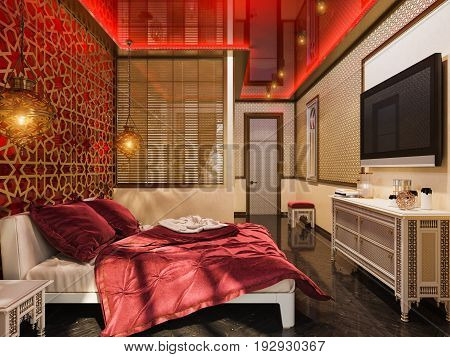 3d illustration, interior design of a hotel room in a traditional Islamic style. Beautiful deluxe room Ramdan Kareem background interior view decorated with Islamic motifs.