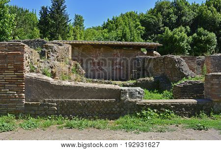 The ruins of Ostia Antica near Rome Italy. It was Rome's ancient port before the river silted it fell into decay with the end of the Roman empire and was abandoned in the 9th century