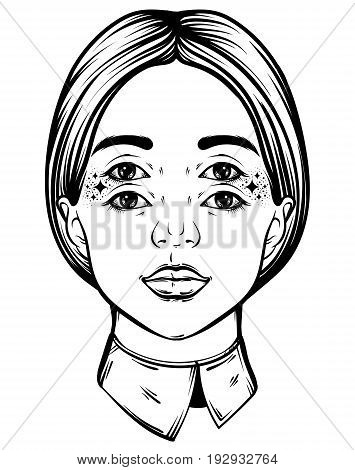 Vector hand drawn illustration of young pretty girl with four eyes. Tattoo hand sketched artwork. Template for card poster banner print for t-shirt.