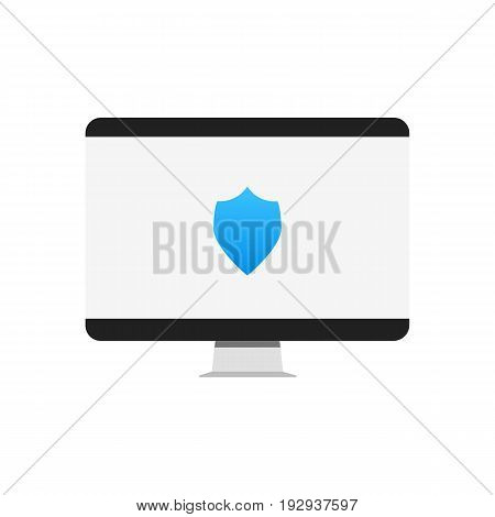 Cyber security. Computer with deffence shield. Vector illustration