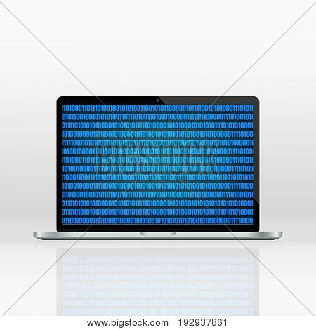 Computer programming concept.Illustration for coding, big data, cyber security etc. Realistic laptop with reflection and binary code on the screen.