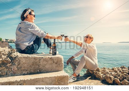 Couple in love have romantic date in blue lagune on Adriatic Sea