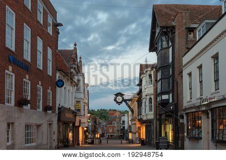 Winchester, UK. 25th June 2017. The streets of Winchester City centre at dusk on a quiet, warm summer's evening.