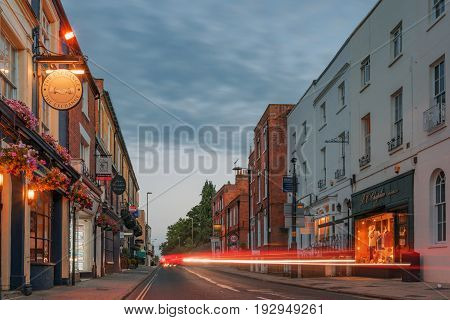 Winchester, UK. 25th June 2017. The streets of Winchester City centre at dusk on a quiet, warm summer's evening.