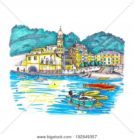 Colorful fishing boats and Santa Margherita di Antiochia Church in Vernazza harbour in Five lands, Cinque Terre National Park, Liguria, Italy. Picture made markers