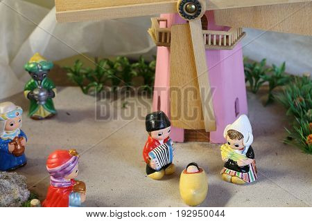 Dutch Nativity Scene With Holland Windmill And The Three Kings