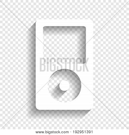 Portable music device. Vector. White icon with soft shadow on transparent background.