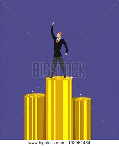 Successful businessman standing on pile of money. Concept illustration of successful business, growing profit. Flat design