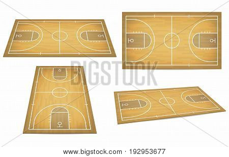 Basketball court with wooden floor. View from above and perspective isometric view. Vector