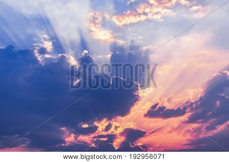 Amazing cloudscape on the sky at sunset time after rain.