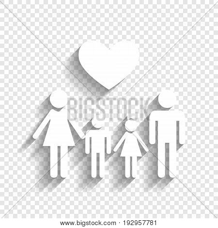 Family symbol with heart. Husband and wife are kept children's hands. Vector. White icon with soft shadow on transparent background.