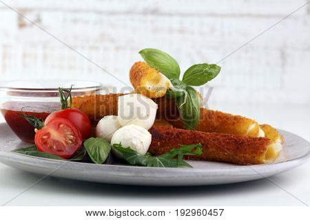 Breaded Mozzarella Cheese Sticks With Tomato Ketchup And Bbq Sauce