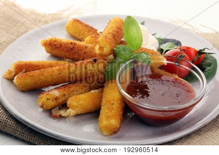 Breaded Mozzarella Cheese Sticks With Tomato Ketchup And Bbq Sauce