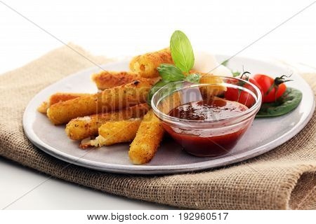 Breaded Mozzarella Cheese Sticks With Tomato Ketchup And Bbq Sauce