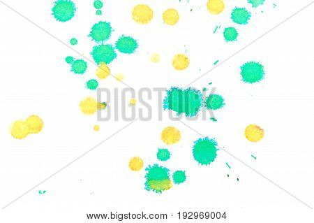 Abstract two-color yellow green ink splash. Ink blots. Elements of design. The water-soluble ink on white paper Leste. Abstractionism