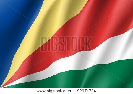 Waving flag of Sychelles. Symbol african state in proportion correctly and official colors. atriotic sign Eastern Africa country. Vector icon illustration