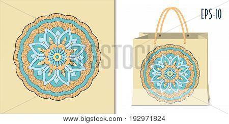 Hand drawn zen-like mandala for decorate dishes t-shirt tunic bags case notebook stationery fabric print. Mock-up paper bag. eps 10.