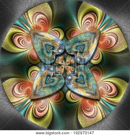 3D render of colorful plastic fractal flower star embossed on leather with glossy heart buttons