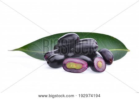 jambolan plum or java plum with green leaf tropical fruit isolated on white background