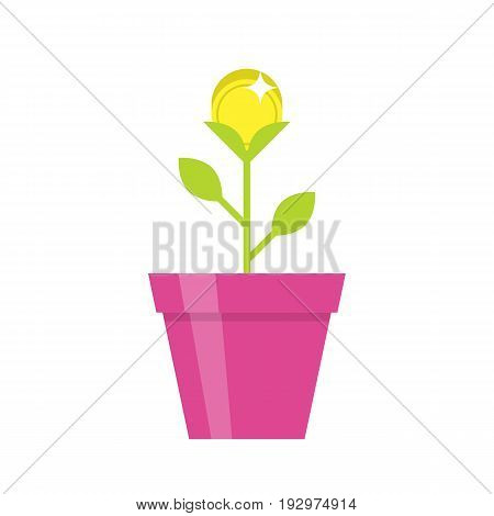 Gold coin flower pot, creative making money solution, office motivation. Vector flat style cartoon illustration isolated on white background. Business success concept