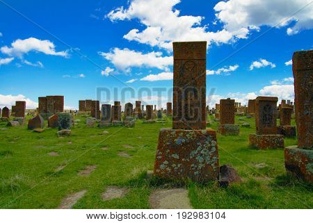 Stone slabs aha khachkar in Noratus cemetery Armenia
