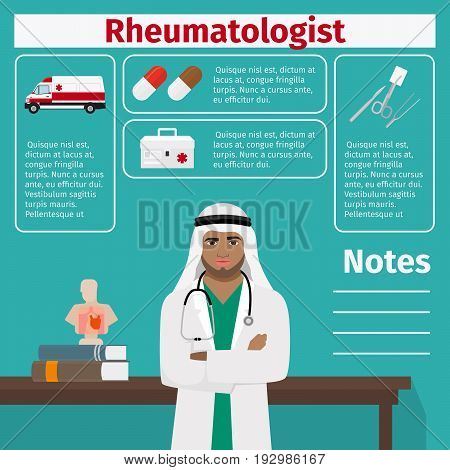 Rheumatologist and medical equipment icons with infographics elements for medical and pharmaceutical industry. Vector illustration