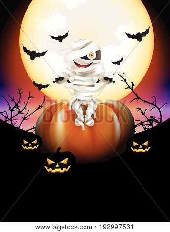 Character of mummy zombie sittiing on halloween pumpkin on full moon night background. Vector illustration for Halloween festival.