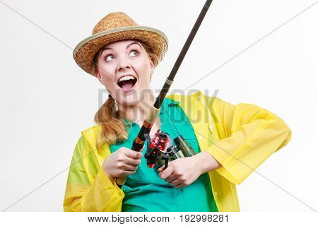 Woman With Fishing Rod, Spinning Equipment