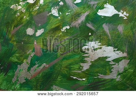 Abstract Hand Drawing Green Background With Gold Acrylic Brushstrokes, Elements Of Potal, Foil. Hori
