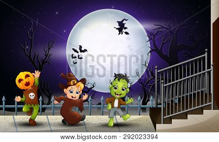 Happy Kids Halloween In The Full Moon Background