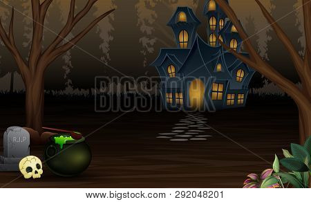 Halloween Background With Scary House In The Night