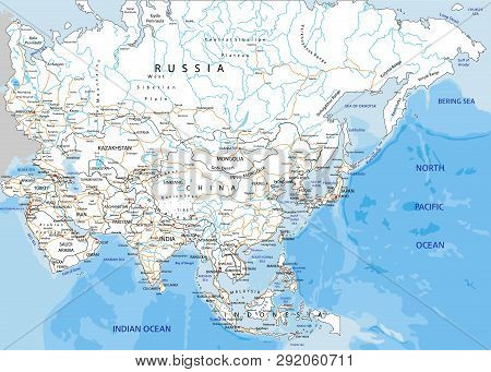 High Detailed Asia Road Map With Labeling.