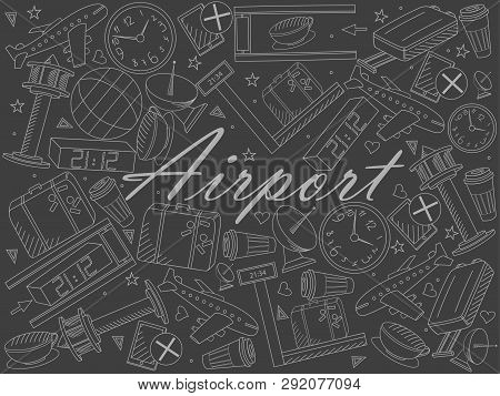 Airport Piece Of Chalk Line Art Design Raster Illustration