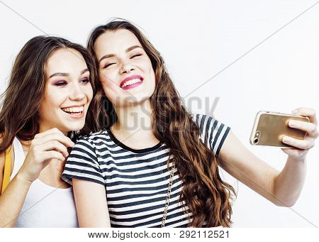 Two Best Friends Teenage Girls Together Having Fun, Posing Emotional On White Background, Besties Ha