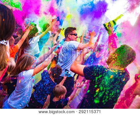 Osada Sniezka, Lomnica, Poland - June 1st 2018: Happy People Celebrating During Colors Festival On I