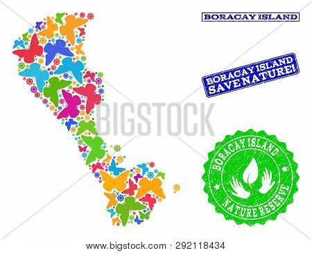 Ecological Combination Of Bright Mosaic Map Of Boracay Island And Grunge Seals With Nature Reserve C