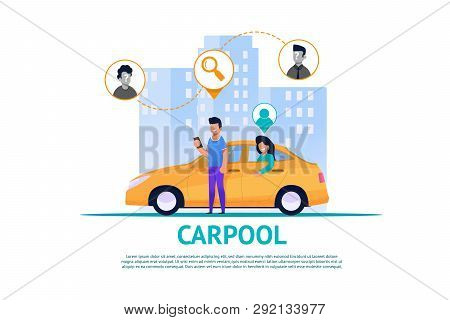 Carpool Service Flat Illustration. Route And Trafic Cooperation. Yellow Car With Girl On Back Seat. 