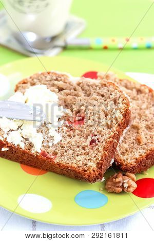 Two Piecies Banana Bread Healthy Tasty Breakfast Loaf Walnuts Icing Cream Cheese Green Light Plate B