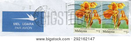 GOMEL, BELARUS, 23 MARCH 2019, Stamp printed in Malaysia shows image of the Flower Bunga Tasbih, circa 2019 .