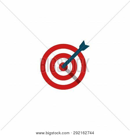 Target Dart Red Circle Board With Arrow In Center Flat Vector Icon. Dartboard In Red With Blue Arrow