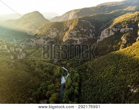 Scenic Aerial View Of Magnificent Mountains On Sunny Autumn Day In Zagori Region, Epirus, Northern G