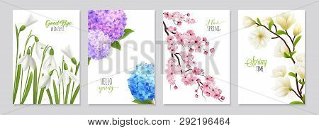 Realistic Snowdrop Flower Banners Set Featuring Four Floral Backgrounds With Realistic Images Of Flo