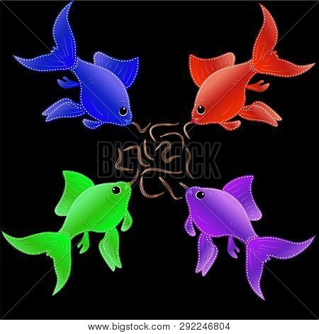 Applique From Matter Pieces In The Form Of Multi-colored Small Fishes, The Eating Worms. Vector Illu