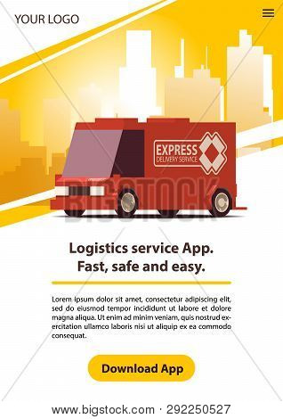 Logistics Service With Red Delivery Car. Vector Illustration.