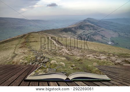 Beautiful Sunset Landscape Image Of The Great Ridge In The Peak District In Pages Of Open Book, Stor