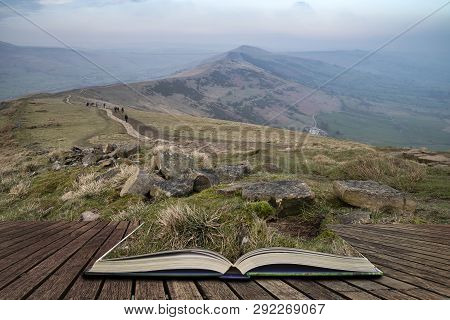 Beautiful Sunset Landscape Image Of The Great Ridge In The Peak District In Pages Of Open Book, Stor