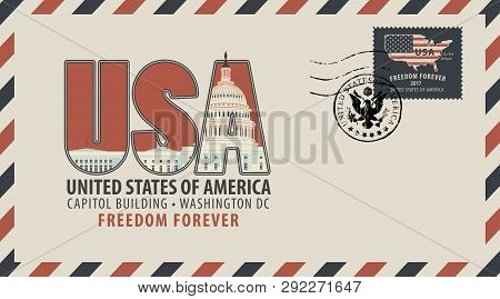 Vector Postcard Or Envelope With Letters Usa With Capitol Building And Inscriptions. Postcard With P