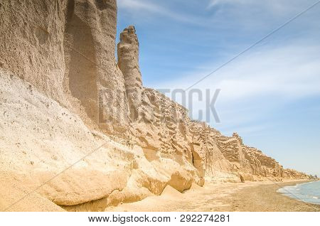 Vlichada Beach In Santorini , Greece And Blue Sky