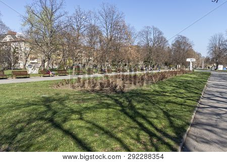 Sofia, Bulgaria - March 27, 2019: Spring Landscape With Trees And Gardens At Park Zaimov In City Of 