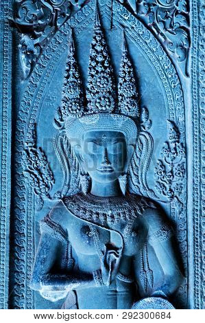 Aspara Dancer Stone Carving Ancient Bas Angkor Wat In Siem Reap Cambodia